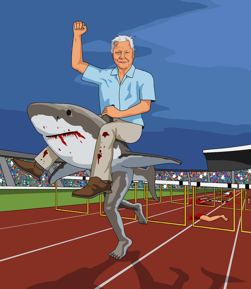 Illustration for article titled And Now, David Attenborugh Astride a Hungry, Hurdling, Bipedal Shark